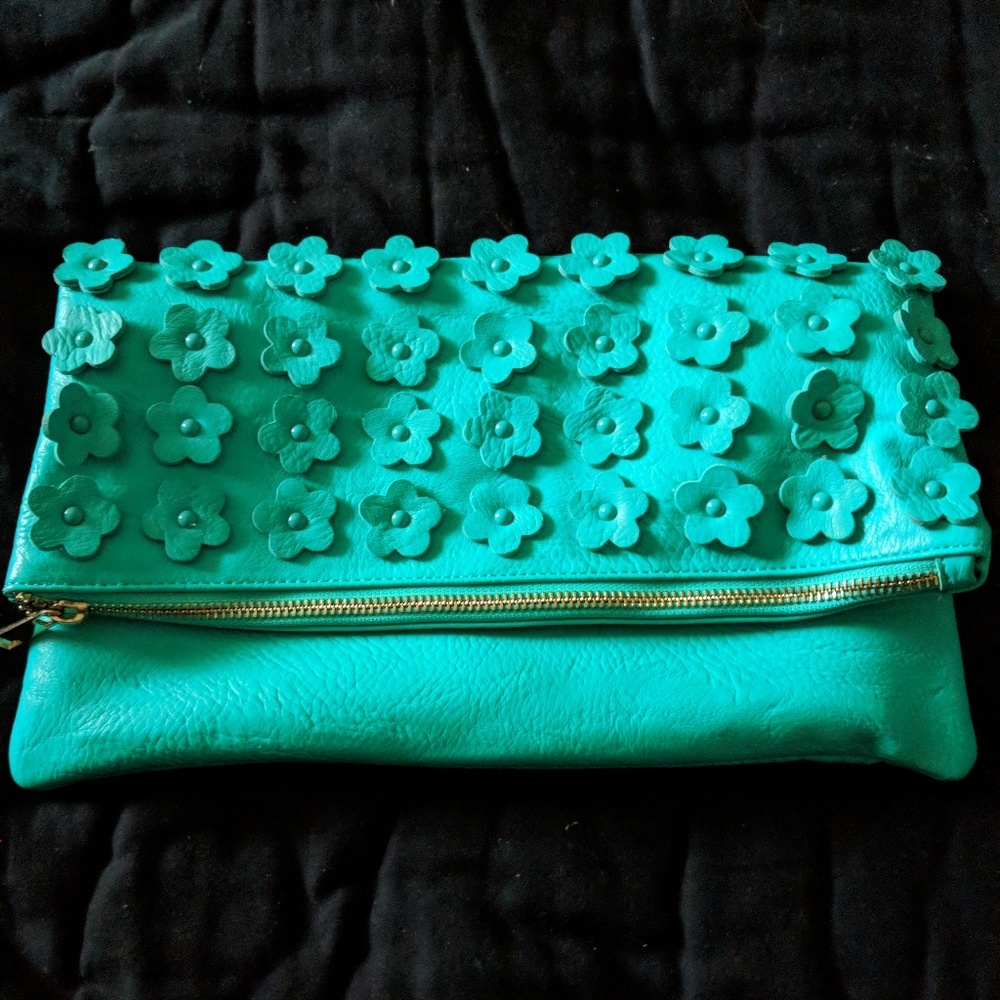 Francesca Turquoise Flower Fold Over Clutch